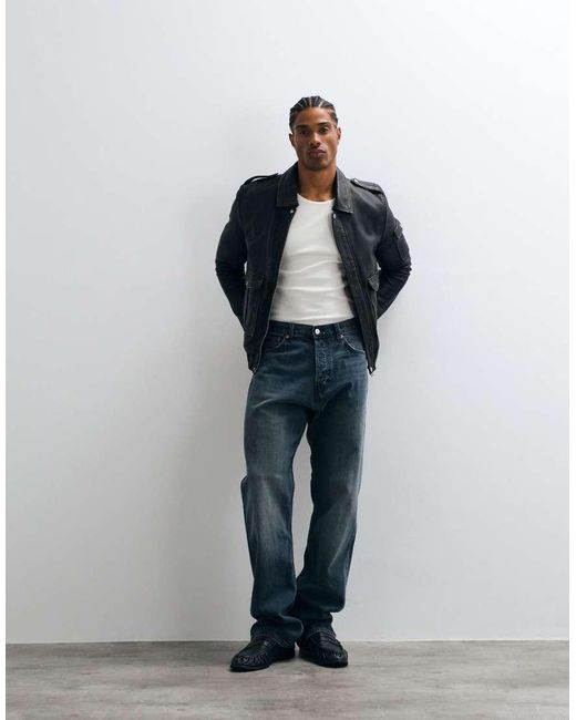 Barney's Originals Blue Veg-Tanned Real Leather Bomber Jacket for men