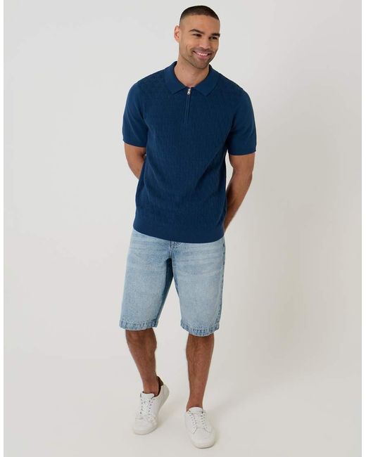 Threadbare Blue Diamond Cable Knit Quarter Zip Polo for men