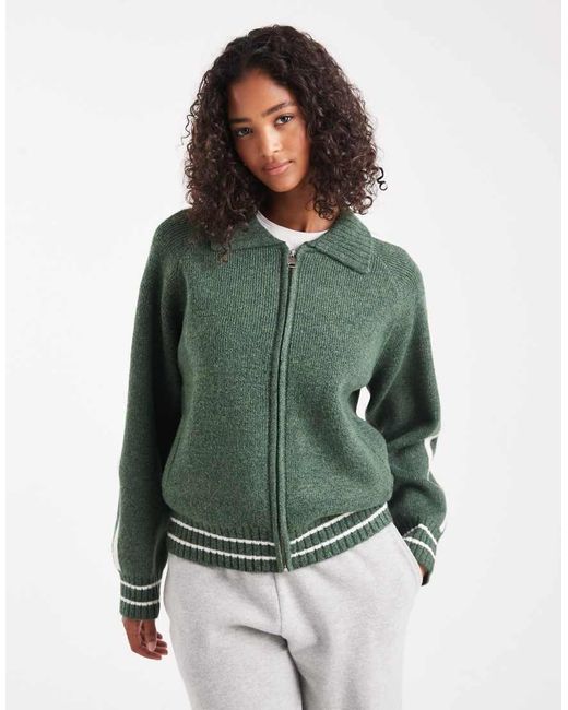 Cotton On Green Piping Knit Zip-up Bomber Jacket