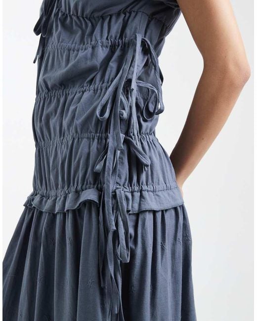 Daisy Street Blue Broderie Shirred Maxi Dress With Puff Sleeves