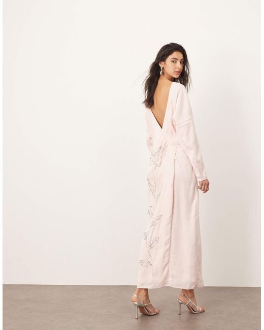 ARRANGE Natural Floral Embellished Slouchy Plunge Wrap Maxi Dress