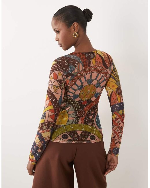 Never Fully Dressed Brown Mesh Round Neck Long Sleeve Top