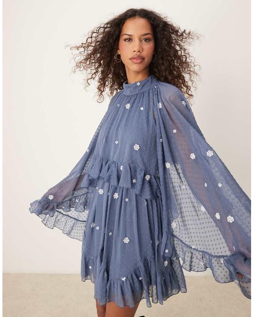 princess polly baby blue dress ASOS Embroidered Dobby Cape Overlay Mini Dress in Blue
