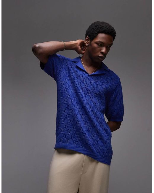 Topman Blue Knitted Check Crochet Polo for men
