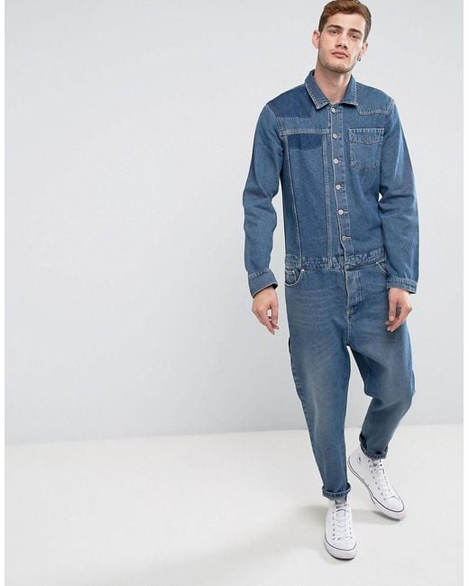 ASOS Blue Denim Boiler Suit In Vintage Mid Wash With Shadow Patching And Hem Detail for men
