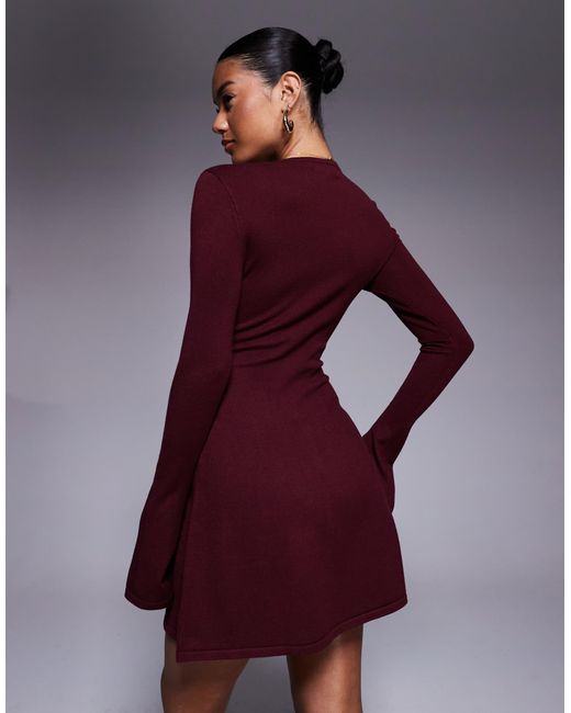 Kaiia Purple Exclusive Compact Knit Flared Sleeve Mini Skater Dress