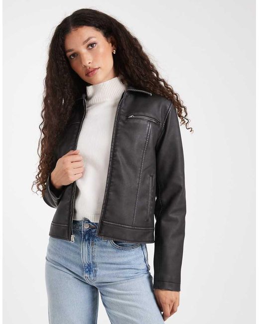 Hollister Gray Classic Leather Biker Jacket