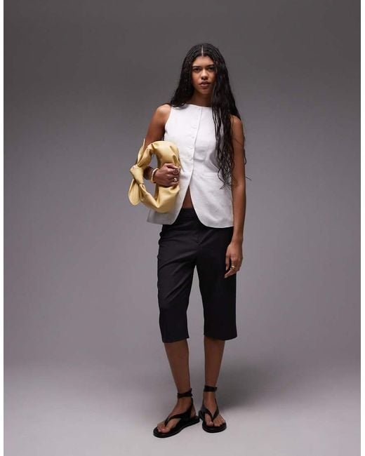 TOPSHOP Gray Linen Mix Longline Fitted Vest With Pockets