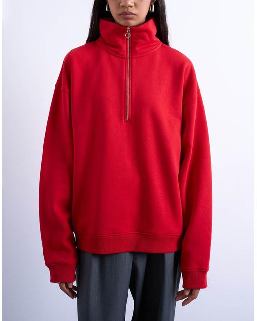TOPSHOP Red Quarter Zip Sweat