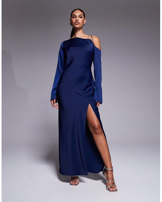 ASOS Blue Asymmetric Neckline Tie Back Midi Dress
