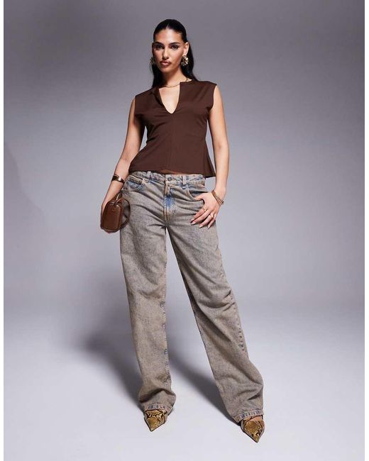 ASOS Brown Polyamide Plunge Top With Cinched Waist