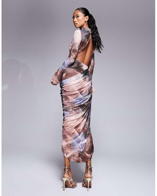 ASOS Multicolor High Neck Long Sleeve Mesh Midi Dress With Wrap Over Skirt