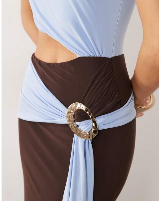 ASOS Natural Slinky Color Block Slash Neck Maxi Dress With Gold Trim Detail