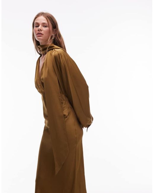 & Other Stories Natural Satin Midaxi Dress With Deep V-neck And Detachable Scarf