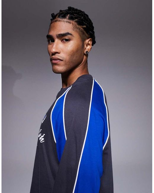 ASOS Oversized Long Sleeve T-shirt Panelling Detail And Sports Graphic Charcoal And Blue for men