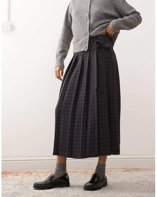 Reclaimed Vintage Blue Tailored Kilt Midi Skirt With Bow Wrap Detail