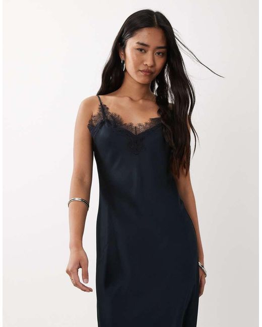 Mango Blue Satin Cami Maxi Dress With Lace Trim
