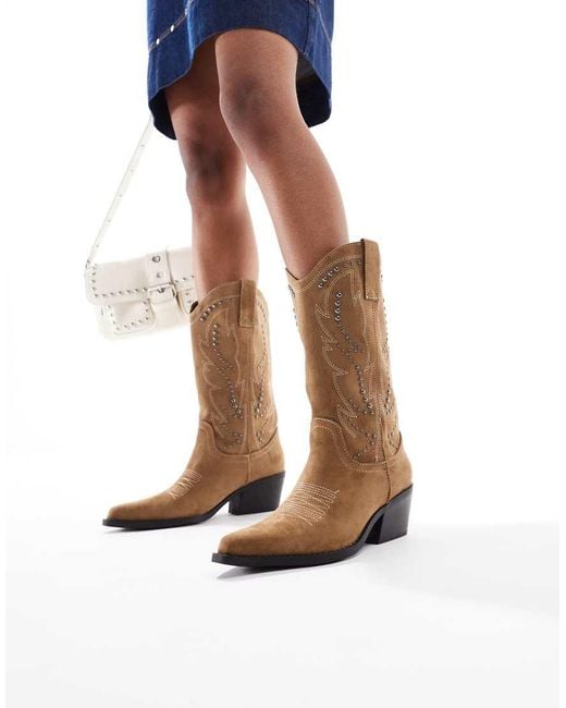 Pull&Bear White Studded Suede Western Boots