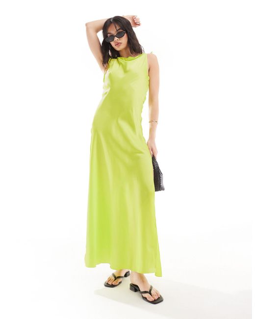 Vero Moda Green Satin Tie Shoulder Maxi Slip Dress With Seam Detail