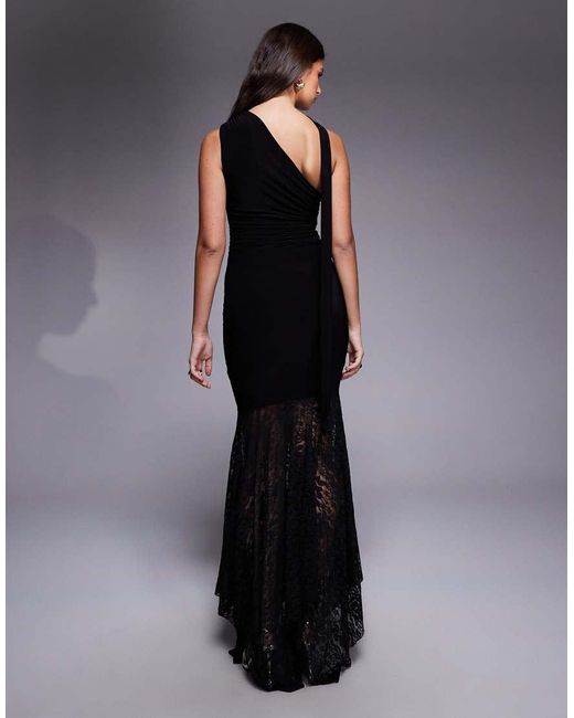 Kaiia Blue Exclusive Slinky Scarf Detail One Shoulder Asymmetric Lace Hem Maxi Dress
