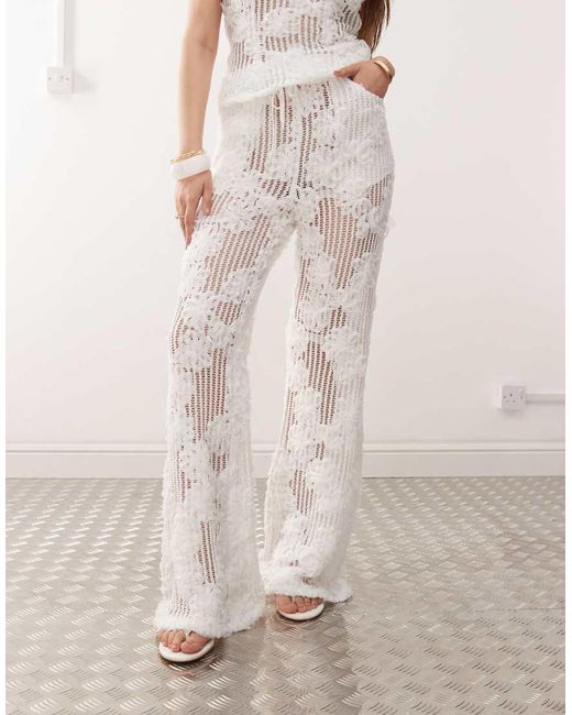 Amy Lynn Natural Cici Wide Leg Flare Crochet Trousers Co-ord