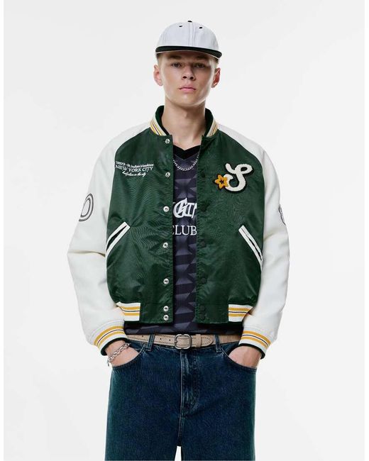 Pull&Bear Gray Embroidered Varsity Bomber Jacket for men