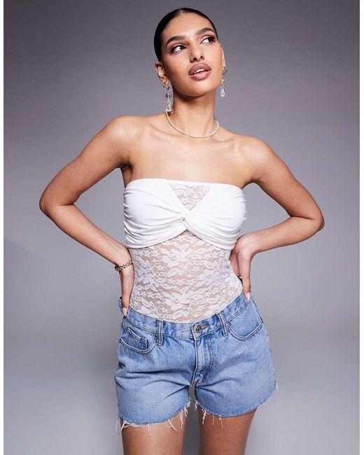 ASOS Gray Lace Twist Detail Bandeau Bodysuit