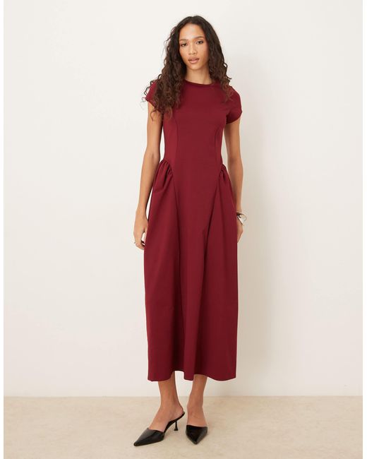 ASOS Red Slash Neck Cap Sleeve Curve Seam Detail Midi Dress