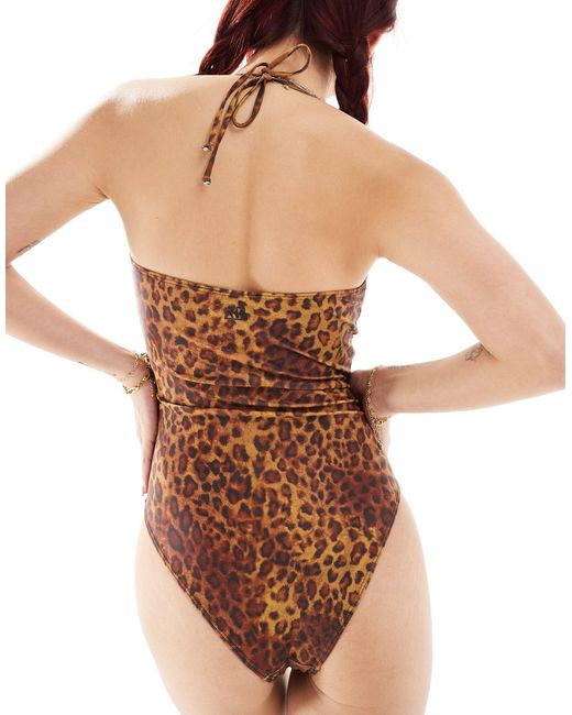 Costume da bagno allacciato sul davanti con stampa leopardata di Reclaimed (vintage) in Brown