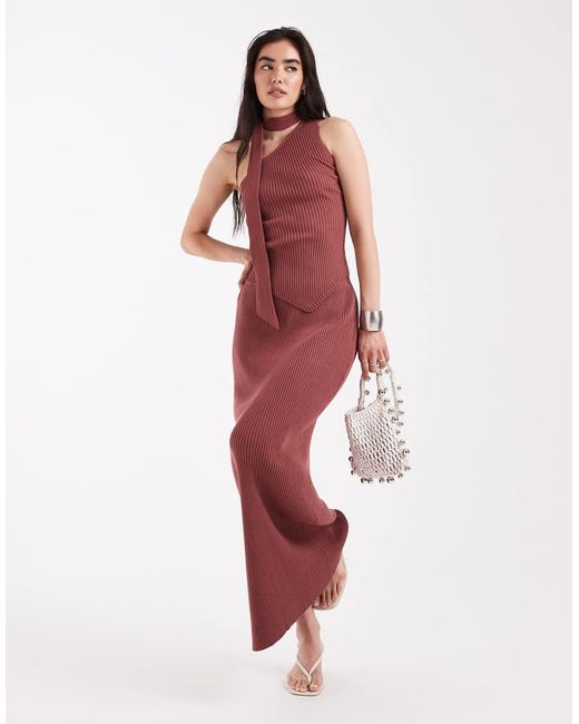 4th & Reckless Red Rib Knit Scarf Detail Asymmetric Top Co-Ord