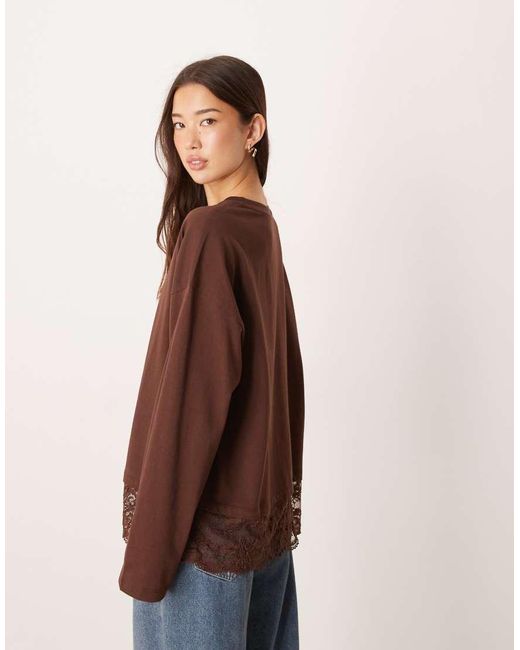 ASOS Brown Long Sleeve Top With Lace Trim Hem Detail