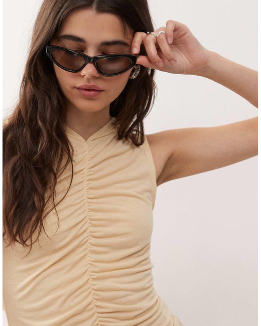 Monki Natural Semi Sheer Ruched Front Tank With Hood