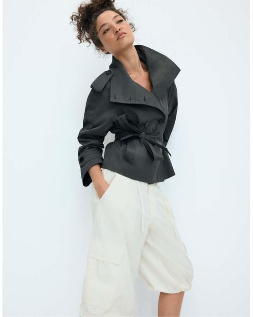 Stradivarius White High Neck Trench Coat With Belt