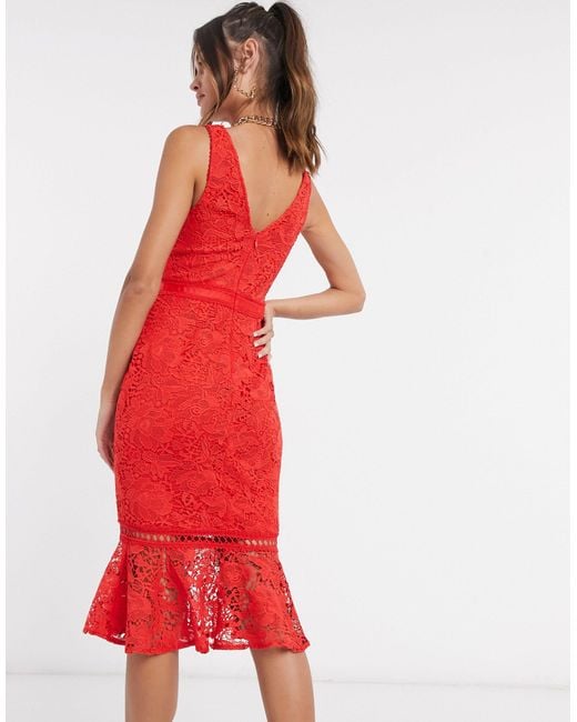 Lipsy Lace Bodycon Dress With Pephem in Red - Lyst