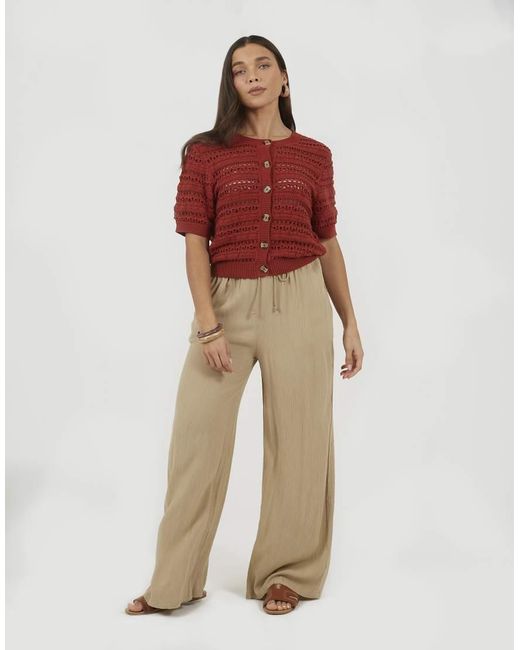 Brave Soul Red Short Sleeve Pointelle Knit Crew Neck Cardigan