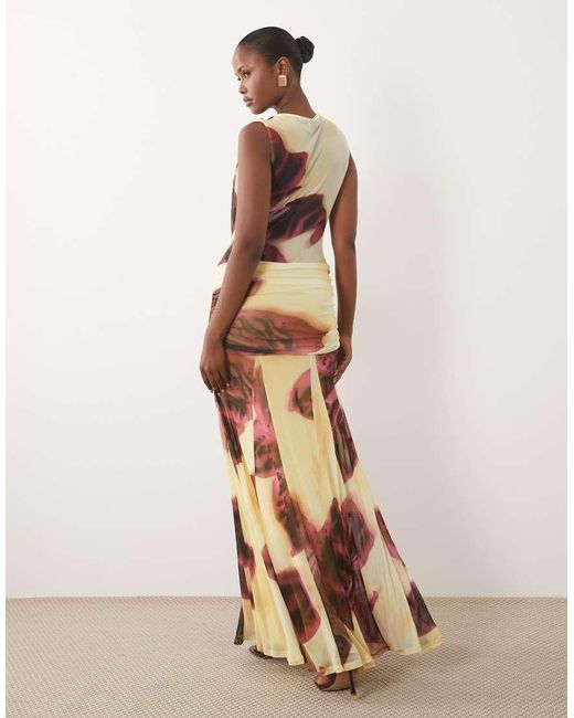 ASOS Multicolor Printed Mesh Deep Plunge Mesh Maxi Dress Over Sized Floral