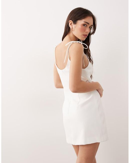 JW PEI White Square Neck 3D Floral Applique Detail Tie Shoulder Lace Panel Mini Dress