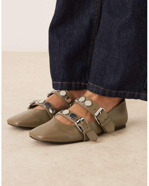ASOS Blue Liesel Studded Double Strap Mary Jane Ballet Flats