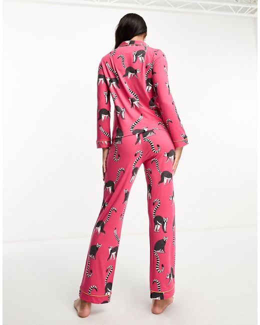 Chelsea Peers Exclusive Jersey Lemur Print Button Top And Trouser