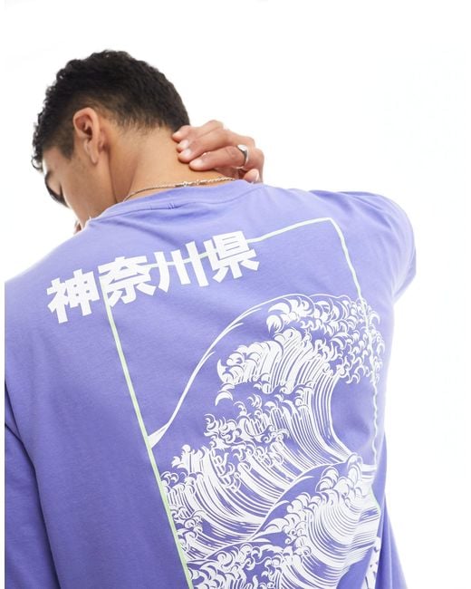 Only & Sons Purple Oversized T-shirt With Wave Back Print for men