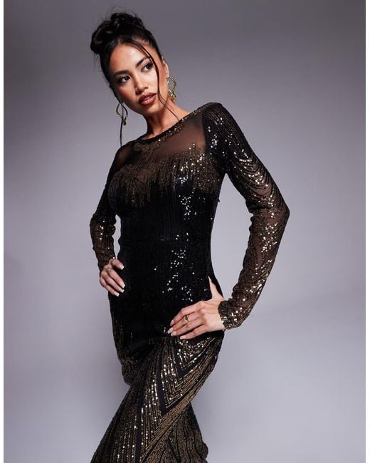 Goddiva Black Long Sleeve Aztec Sequin Maxi Dress