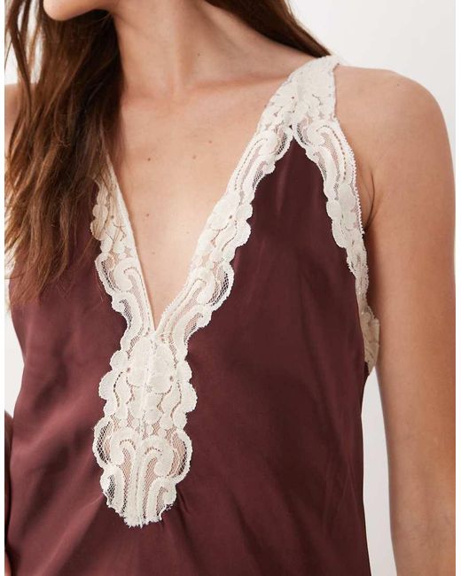 Mango Red Sleeveless Satin Midi Dress With Lace Trim