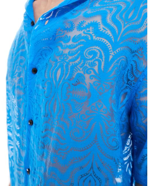 ASOS Blue Oversized Deep Revere Wavy Burnout Shirt for men