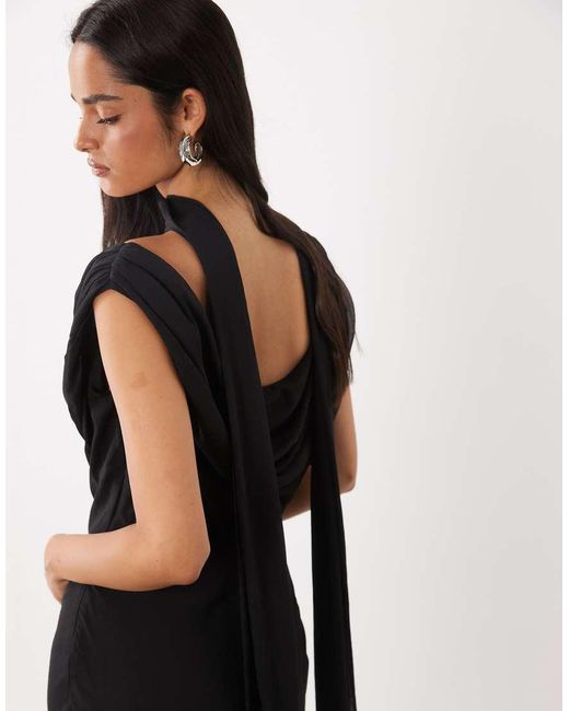 ASOS Black Draped Off Shoulder Scarf Detail Double Layer Maxi Dress