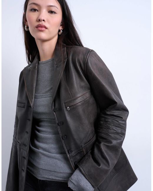TOPSHOP Black Premium Real Leather Blazer With Patch Pockets