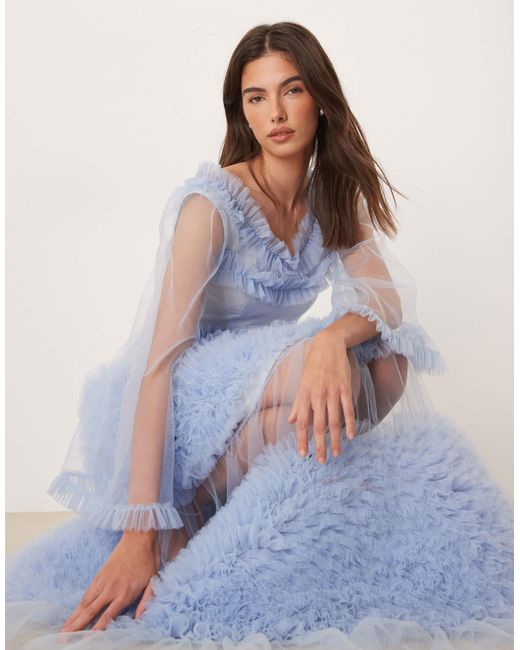 Sister Jane Dream Halo Haze Tulle Bell Sleeve Ruffle Tiered Maxi Dress in  Blue | Lyst