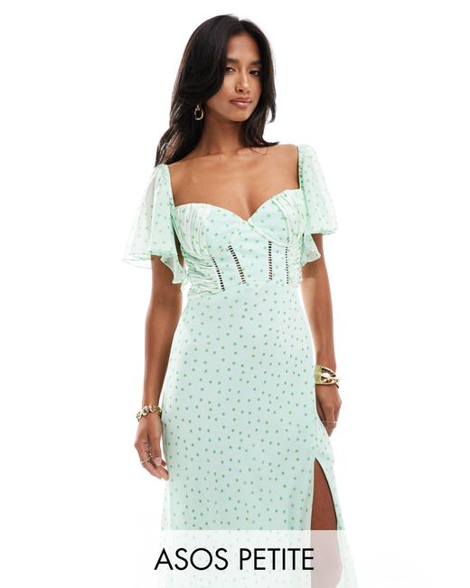 Asos design petite robe longue coupee en biais satinee en mousseline avec manches evasees a micro pois ASOS en coloris Blanc Lyst