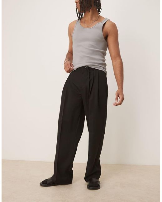 Pantalones De Vestir Negros De Pernera Ancha Con Cinturón Estrecho, Pinzas Dobles Y Cintura Elástica De ASOS de hombre de color Natural