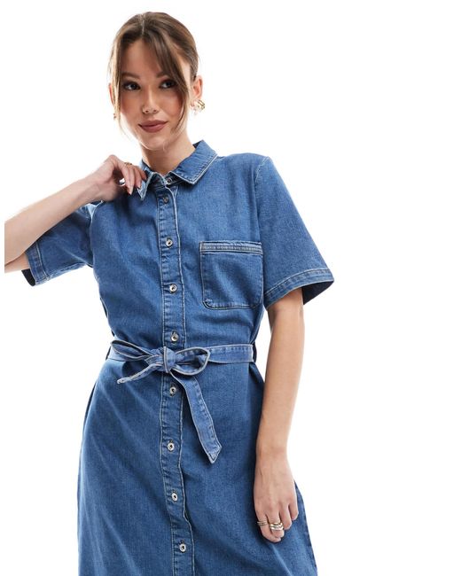 only blue denim dress ONLY belted Denim Mini Dress in mid Blue wash