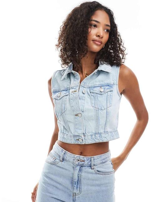 New Look Blue Cropped Denim Waistcoat
